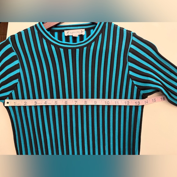 Nanette Lepore Teal & Black Vertical Stripes Mid Century Mod Cocktail Knit Dress - Picture 8 of 10